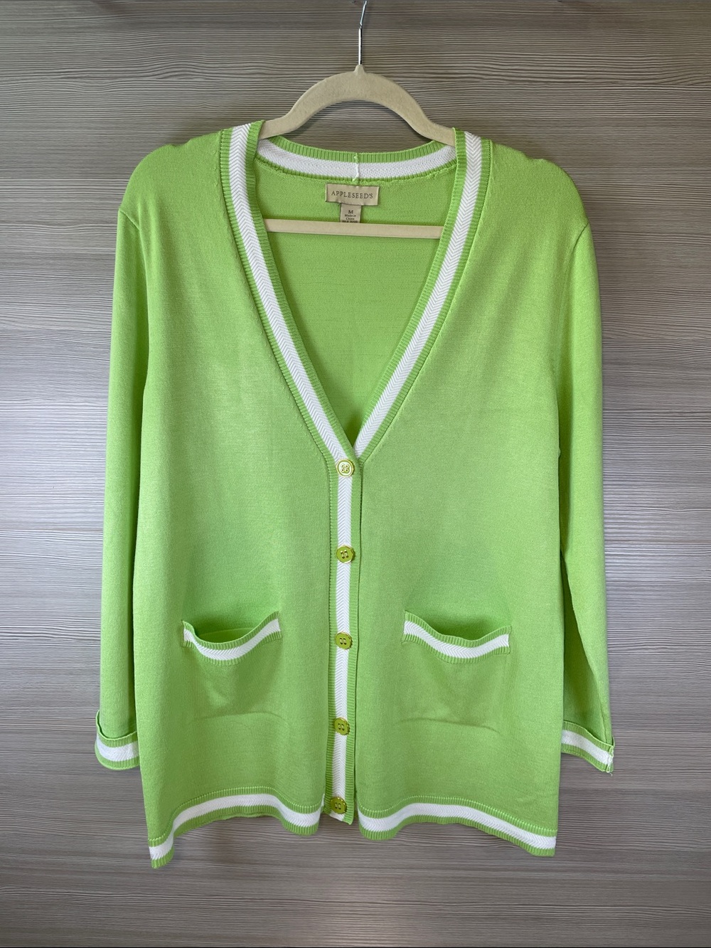 Appleseed's Lime Green V-Neck Button Cardigan with White TrimSize Medium